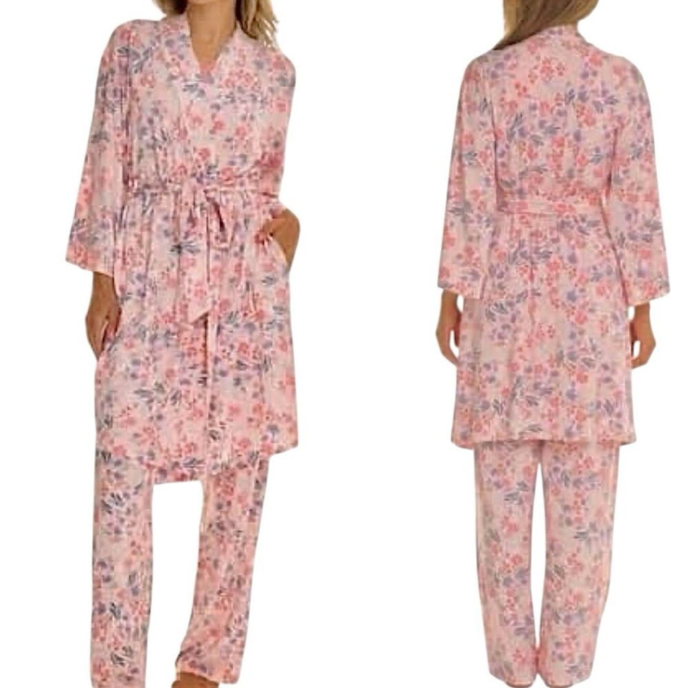 Flora Nikrooz 2pc Pajama Set Robe And Pants Pink Floral Belted Tie Women’s M